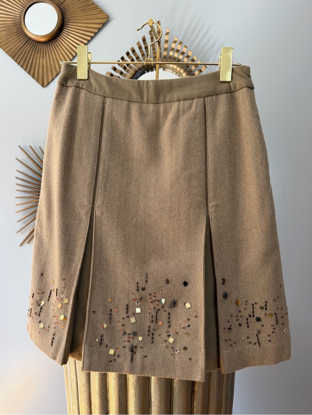 LOFT Tan A-Line Skirt with Hem Embellishment